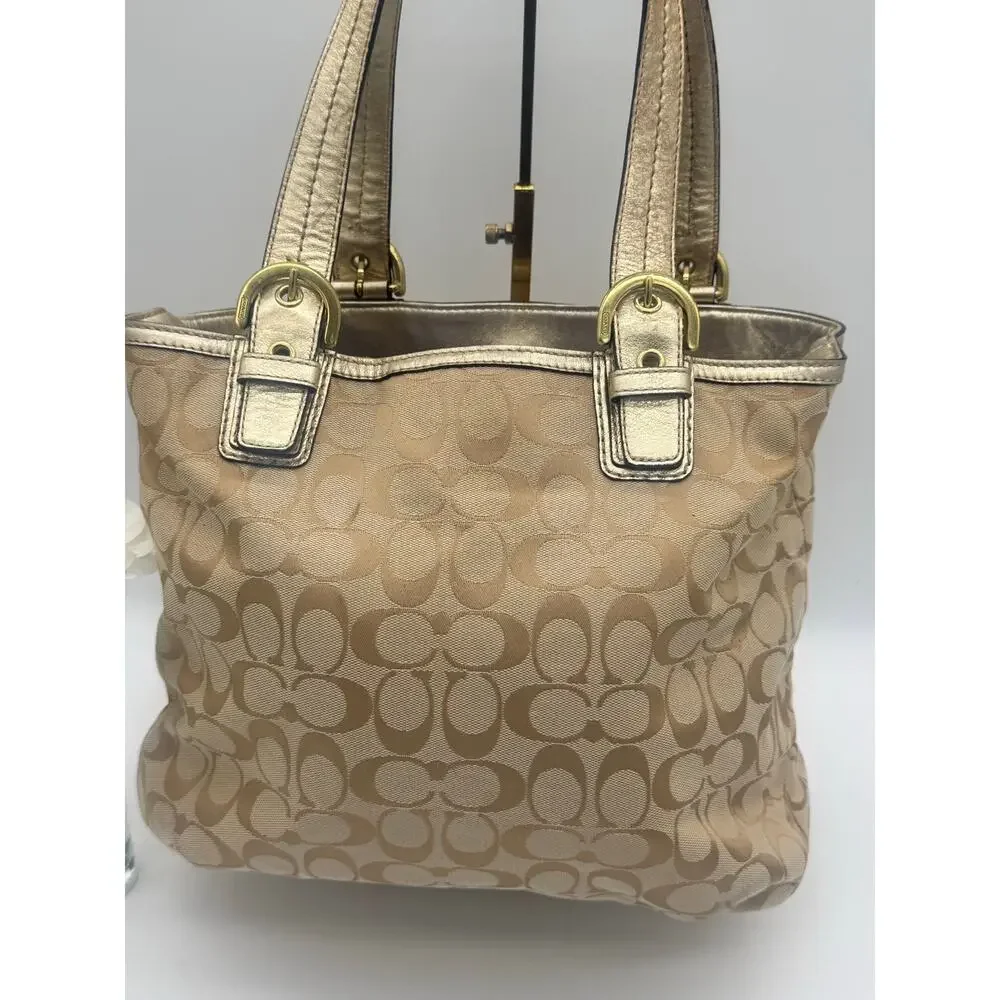 Coach Soho Pleated Canvas Tote Metallic Gold Leather Hardware Shoulder Bag⁠